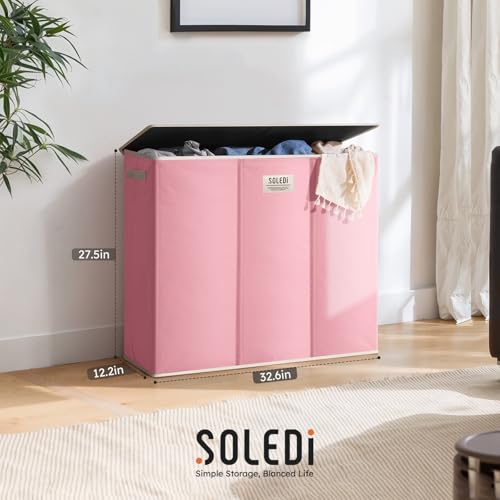 SOLEDI 180L 3-Section Laundry Hamper with Lid, Extra Large Dirty Clothes Basket with Sturdy Handles for Laundry Room & Bedroom - Durable Organizer for Sorting Laundry - color: Strawberry Milkshake Pink, size: 180L