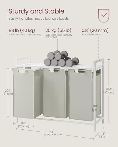 VASAGLE Laundry Hamper, Laundry Basket, Laundry Sorter with 3 Pull-Out and Removable Bags, Shelf, Metal Frame, 3 x 10.6 Gallons (40 L), 36.4 x 13 x 28.4 Inches, Cream White and Cloud White UBLH301W01 - color: Cream White + Cloud White, size: 3 Bags - 120