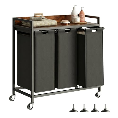 Herture Laundry Hamper with Shelf, Laundry Basket 3 Section, Laundry Sorter with Pull-Out Removable Large Bags and Movable Wheels, Metal Frame, 3 x 15.87 Gallons (60L), Rustic Brown + Black PF04XLY - color: Rustic Brown + Black, size: 3 Bags-180 L