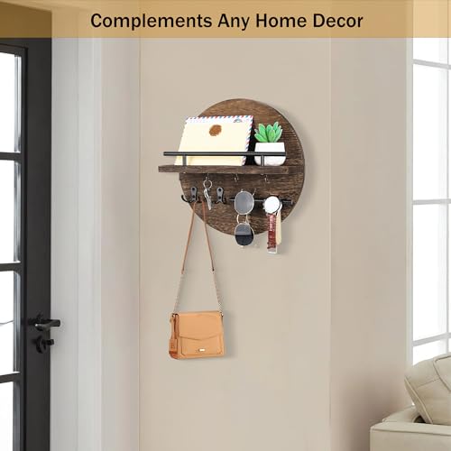 Key Holder for Wall Decorative with Shelf and Hooks, Unique Mail Organizer Wall Mount with Sunglasses Holder, Cute Circular Design Entryway Key Rack Hanger, Rustic Home Decor Boho Wall Decor - color: Brown