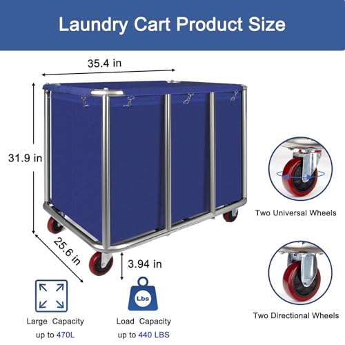 Commercial Laundry Cart with Wheels, 470L Industrial Rolling Laundry Basket, Large Heavy Duty Laundry Sorter with Watertight Oxford Bag & Sturdy Steel Frame for Home, Hotel, Hospital, 440 lbs (Blue) - color: Blue