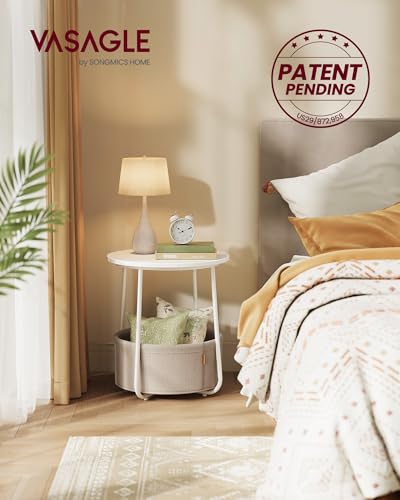 VASAGLE LILEA Collection - Small Round Side End Table, Modern Nightstand with Fabric Basket, Matte White and Camel Brown ULET223W10 - color: Matte White + Camel Brown, size: Round + 1 pack