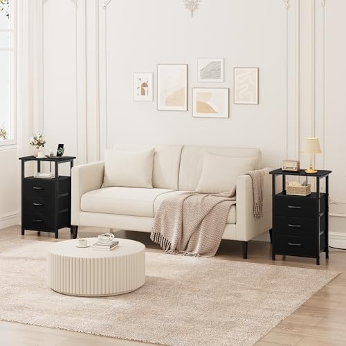 Vagusicc Nightstand with Charging Station, Bedside Table with USB Ports and Outlet, End Table Side Table with 3 Fabric Drawers and Storage Shelf, Bed Side Table Black Night Stand for Bedroom, Black - color: Black, size: 1 Piece, style: Ordinary