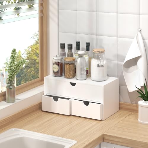 Bamboo Desk Organizer with Drawers Desktop Storage Drawers for Bills Office Supplies Kitchen Utensils Organizing Tool for Home Classroom Organization No Assembly (White) - color: White