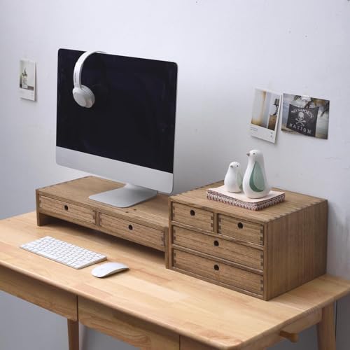 KIRIGEN Wood Monitor Stand with 2 Drawers, Solid Wood Computer Monitor Riser for Desk, Desktop Organizer Shelf with Cable Management, Pen Slots, Brown, No Assembly PMJ-DBR - color: Dark Brown