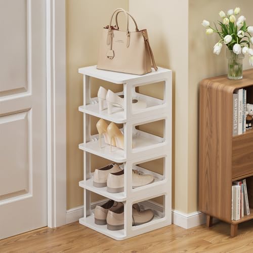 SEE SPRING 5-Tier Stackable Shoe Rack Organizer – Plastic Shoe Storage Shelf for Entryway, Closet, Bedroom – Holds Size 13 Shoes, Space-Saving & Sturdy (White) - color: White