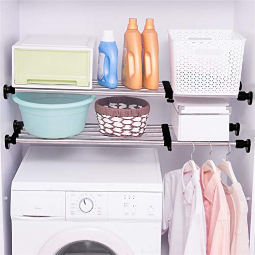 BAOYOUNI Adjustable Closet Shelf Expandable Shelves Tension Rod Hanger Space Saving Storage Rack Organizer Divider for Wardrobe, Cupboard, Kitchen, Bathroom Use, Black, 2 Pack - color: Black, 2pcs (2-bar Telescopic), size: Recommended Use Length: (27.17-3