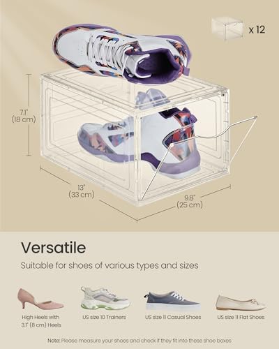 SONGMICS Shoe Boxes, Set of 12, Clear Plastic Shoe Storage, Stackable Sneaker Box, Drop Front Door, Up to US Size 11, Easy Assembly, 13 x 9.8 x 7.1 Inches, Transparent White ULSP032W12 - color: Transparent White, size: 12 Count