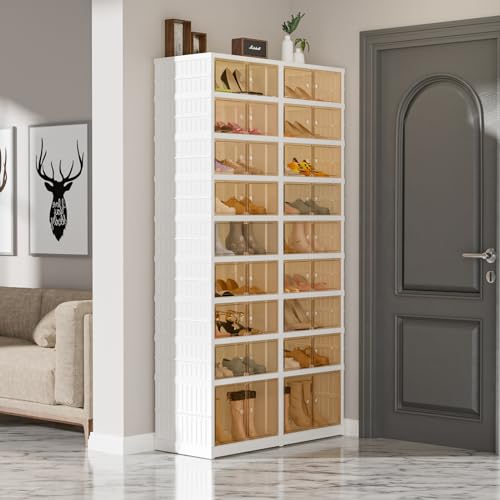 9-Tier Portable Shoe Rack Organizer for Closet, 36 Pairs Shoe Container Bins, Clear Plastic Collapsible Shoes Storage Box, Stackable Sneaker Storage Shoe Cabinet with Door - size: 9 Tiers - 36 Pairs