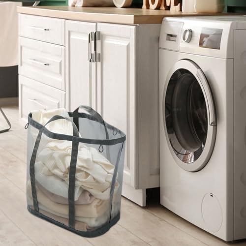 Mesh Laundry Basket, Hanging Laundry Hamper for Wall Door with Handles, Breathable Foldable Beach Bag Space-saving Travel Tote (2Pack, Grey) - color: Grey