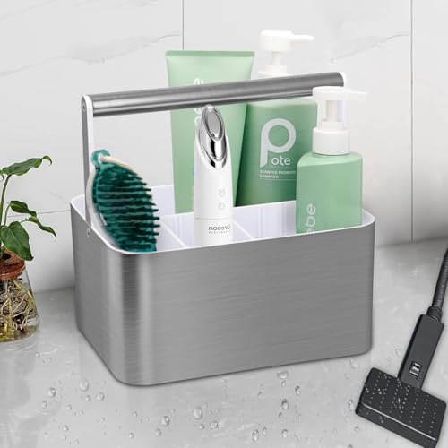 BYUNER Plastic Shower Caddy Dorm - Portable Bathroom Caddy Organizer with Handle and Divider for College Dorm & Shared Bathroom, Hard Shower Tote for Toiletry, Brushed Nickel White - color: Silver / White