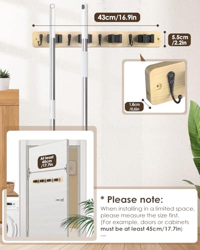 Broom Holder Wall Mounted, Light Wood 4 Holders and 4 Hooks Mop Holder, Wooden Mop and Broom Holder with Anti slip rubber, Natural pine wood Brush Holder, Mop Wall Holde with Nail installation - color: Light Wood, size: 1 Pack