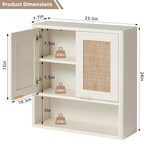 LEYAOYAO Rattan Bathroom Wall Cabinet, Boho Medicine Cabinet with Adjustable Shelve & Doors, Over The Toilet Storage Cabinets Organizer for Laundry Room, Kitchen, Living Room, White - color: White, size: 7.7"D×23.5"W×24"H