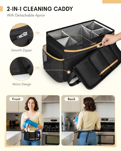 Ytonet Cleaning Caddy Bag with Detachable Apron, Extra Large Cleaning Supplies Organizer with Foldable Dividers, Portable Cleaner Tote with Handle, Cleaner Caddy for Housekeeper, Black - color: Black