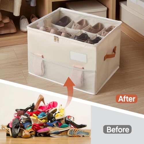 Shoe Organizer for Closet, Foldable Shoe Storage Organizer Containers with Clear Cover, Space Saving Shoes Holder with Handles, Beige (1, L) - color: Beige-1pcs Large