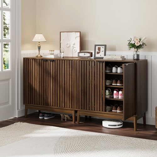 Kiasthome Shoe Storage Cabinet with Ventilated Slatted Doors, Wooden Shoe Organizer, Shoes Rack for Entryway, Hallway, Living Room - color: Walnut, size: 31.5" W