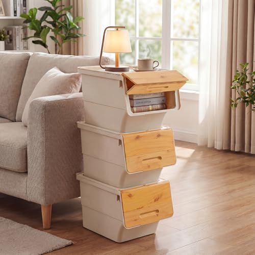 Giantex Plastic Stackable Storage Bins with Lids & Wheels, 3 Pack Open Front Stacking Bins, Organizer Bins for Pantry, Kitchen, Laundry, Closet, Playroom, Bedroom Organization (35 QT) - color: White + Natural, size: 3 Pack, 35 QT