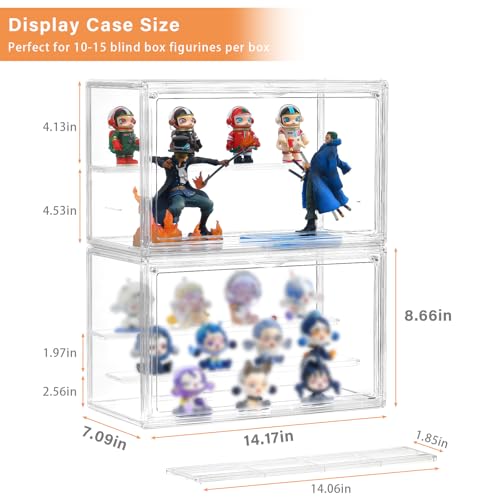 Freebat Clear Acrylic Display Case for Collectibles - 3-Tier Adjustable Figure Display with Magnetic Door & Removable Shelves,Stackable Dispaly box for Figures - 2 Pack - size: 2pack