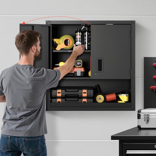 VEVOR Metal Wall Cabinet, 30W x 12.01D x 30H Inch, Steel Floating Hanging Storage Cabinet with Locking Doors and Adjustable Shelf for Garage, Basement, Kitchen, Warehouse Assembly Required, Black - style: Foldable 30" Open Grid