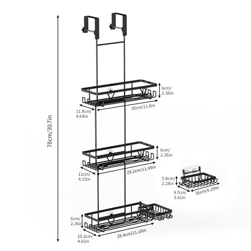 KEGII Shower Organizer Hanging Over the Door, 3 Tier Large Capacity Shower Caddy with 2 Soap Holders & Razor Holders, 18 Hooks & 4-in-1 Dual Hooks, Adjustable Rustproof Bathroom Rack, Black