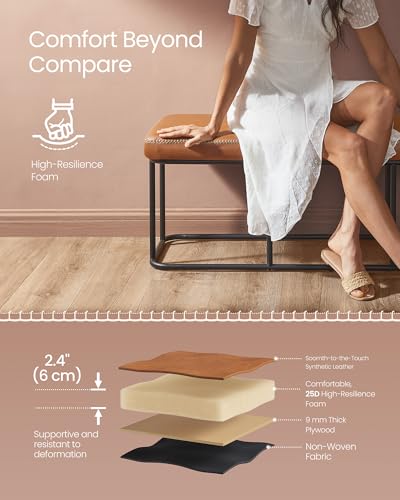 VASAGLE EKHO Collection - Storage Bench for Entryway, Ottoman Bench with Steel Frame, 43.3-Inch Wide, Synthetic Leather, Living Room, Mid-Century Modern, Loads 660 lb, Caramel Brown ULOM085K01 - color: Caramel Brown, style: Steel Frame Bench