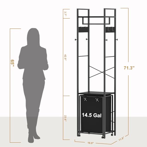 Coat Rack with Laundry Basket, Laundry Hamper Freestanding Hall Tree, Clothes Rack with Storage Shelves, 14.5 Gal Removable Bags on Wheels, Black JLH005B - color: Black