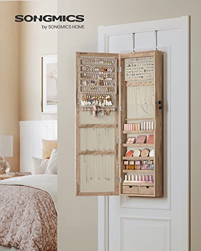SONGMICS 6 LEDs Mirror Jewelry Cabinet, 47.2-Inch Tall Lockable Wall or Door Mounted Jewelry Armoire Organizer with Mirror, 2 Drawers, 3.9 x 14.6 x 47.2 Inches, Toasted Oak Color UJJC093N01 - color: Toasted Oak Color