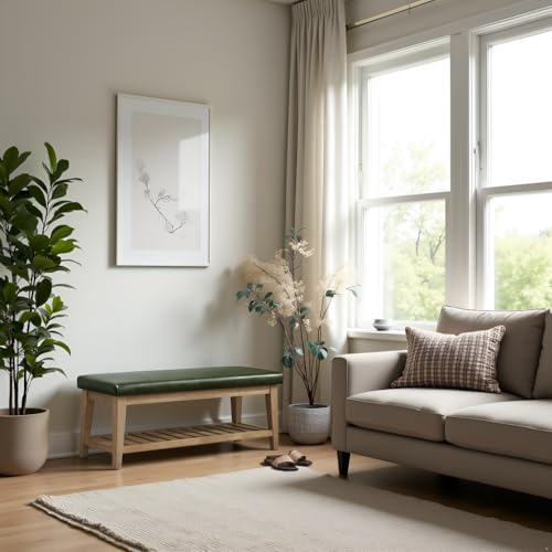 HUIMO Entryway Shoe Bench with Cushion, End of Bed Bench,Upholstered Bench for Kitchen, Bench with Solid Wood Shelf, Leather Ottoman Bench for Hallway, Living Room (PU-Green) - color: Pu-green