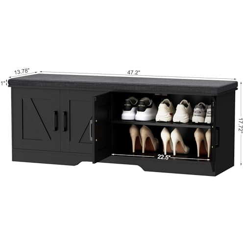 HOMSHO 2-Tier Storage Bench, 47.2" Wide Shoe Bench with Padded Seat Cushion, Entryway Bench with 4 Barn Doors and Adjustable Shelf, Black - color: Black, size: 47.2" Wide