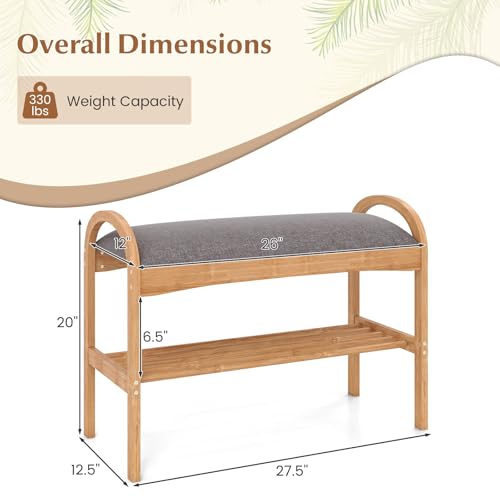 Giantex Shoe Rack Bench, Bamboo 2-Tier Entryway Bench with Padded Cushion, Shoe Storage Bench for Hallway, Closet, Foyer, Living Room, Bedroom, Mudroom - size: 12.5"D x 27.5"W x 20"H（Without Flip-Top Storage）