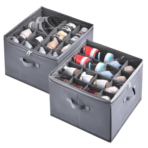 INSTY 2 Pack Shoe Organizer for Closet,Fits up to 32 Pairs,Adjustable Dividers for Shoe Storage,Fabric Shoe Storage Bins with Clear Cover,Grey - color: Grey