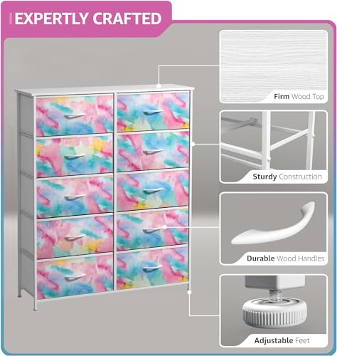 Sorbus Kids Dresser with 10 Drawers - Storage Chest Organizer Unit Nightstand - Steel Frame, Wood Top, Tie-Dye Fabric Bins for Clothes - Wide Furniture for Bedroom, Hallway, Nursery, Closet, Apartment - color: Watercolor, style: 10-Drawer