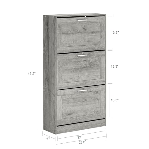 Haotian Shoe Storage Cabinet Entryway, Freestanding Shoe Cabinet with 3 Flip-Drawers Fully Enclosed Tall Shoe Rack Shoe Organizer, Grey, FSR137-L-HG - color: Grey, size: 3-Drawers