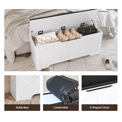 DreamDashio Farmhouse Storage Bench with Lift Top Storage, 39.4" Entryway Bench with Cushioned Seat, End of Bed Bench, Wooden Storage Chest Trunks, for Bedroom, Living Room, Entryway, White