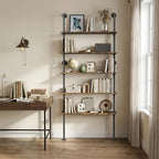 Merapi Rustic Industrial Bookshelf, 78.6" Tall 5-Tier Storage Shelf with Solid Wood & Metal Frame, 9.8" D x 35.4" W for Living Room, Office, Bedroom Farmhouse Display - style: 5-tier Vintage Industrial