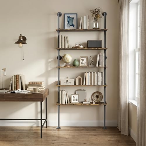 Merapi Rustic Industrial Bookshelf, 78.6" Tall 5-Tier Storage Shelf with Solid Wood & Metal Frame, 9.8" D x 35.4" W for Living Room, Office, Bedroom Farmhouse Display - style: 5-tier Vintage Industrial