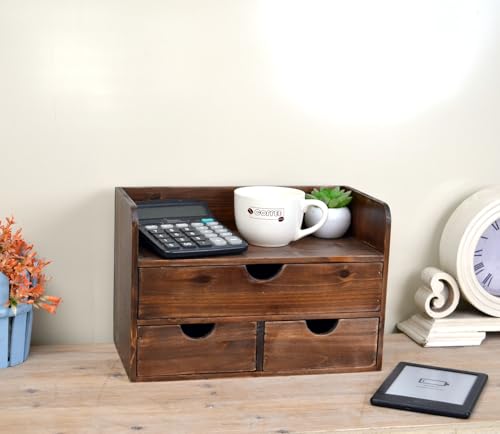 Vintage Rustic Brown Wooden 3 Drawer with Shelf Office Desk Organizer & Mail Rack For Desktop,Box for Office Home makeup holder Toiletries Supplies Vanity, No Assembly Required (Brown) - color: Brown