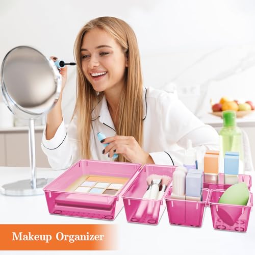 SpaceHacks 25 PCS Plastic Drawer Organizer Set, 4-Size Versatile Organizer Trays & Storage Bins for Makeup, Jewelry, and Gadgets in Bathroom, Bedroom and Office, Clear Pink - color: Clear Pink