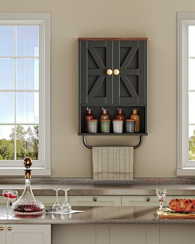 CHOEZON Bathroom Wall Cabinet, Medicine Cabinet with Open Partition and Towel Bar, Rustic Storage Cabinet with Open and Hidden Storage Space, for Bathroom, Living Room, Kitchen, Black and Walnut - color: Black and Walnut, size: 7.1"D x 15.4"W x 24.4"H
