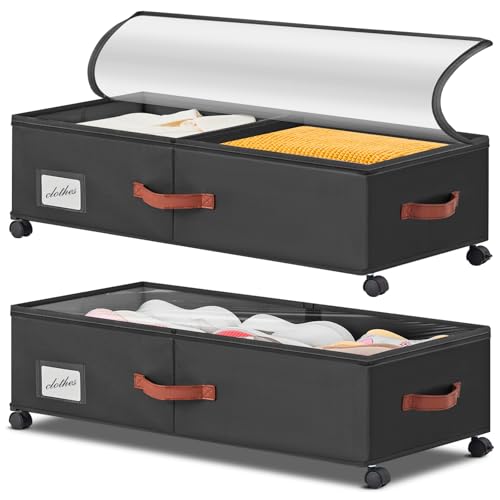 Under Bed Storage Containers with Wheels 9.5 inches Higher Under Bed Storage XXXL Underbed Shoes Blankets Clothes Storage Organizer 2 Pack Under the Bed Storage for College Dorms Bedroom Nursery Rooms - color: Black