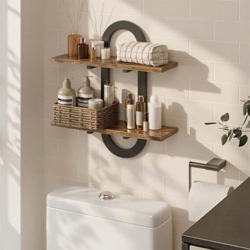 Arched Floating Shelves Set of 2, 15" Vintage Distressed Wall Mounted Shelves with Capsule Frame, Rustic Burnt Wood Hanging Shelves for Bathroom, Living Room, Kitchen, Brown - color: Brown