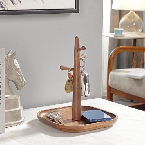 3 Tiers Wooden Key Holder with Tray,Wood Decorative Organizer in Entryway for Keys, Wallet and Small Stuff, Jewelry Hanging Stand Display on Dresser (Walnut) (3 Tiers)