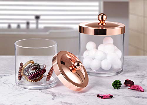 SheeChung 2-Pack Plastic Apothecary Jars with Rose Gold Metal Lids - 25oz & 15oz Clear Acrylic Qtip Holder Set - Shatterproof Bathroom Vanity Organizer for Cotton Balls, Swabs, Pads - Luxury Decor - color: Rose Gold, size: 25 oz & 15 oz