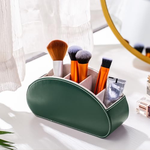 Remote Control Holders Organizer Box with 5 Compartment PU Leather Multi-functional Office Desk Storage Caddy Store Tv Remote for Media Player,Brush,Pencil,Glassees&Office Supplies (Dark Green) - color: Dark Green, size: S