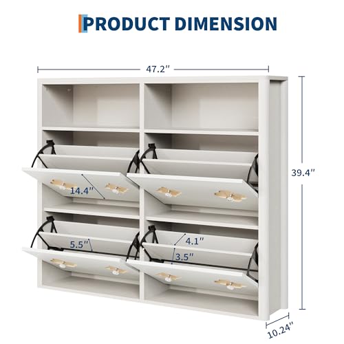 GarveeHome Shoe Cabinet with 4 Flip Drawers, Narrow Wood Shoe Organizer Cabinet with Floral Pattern, Freestanding Slim Shoe Rack Cabinet with Adjustable Shelves & Open Storage, for Entryway, White - color: Antique White, size: 4-Drawers