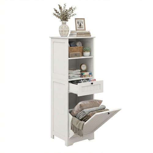Casaphoria 55 Inch Tall Laundry Sorter Cabinet, Narrow Bathroom Storage Cabinet with Tilt-Out Hamper and Drawer, Freestanding Space-Saving Organizer for Laundry Room, White - size: 15.74"L×13.77"W×55"H