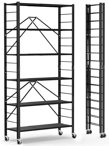 Himix 6 Tier Foldable Storage Shelves, Expandable Folding Bookshelf with Wheels, Changeable into 2 Shelf Units, Collapsible Adjustable Storage Rack Metal Shelves for Garage, Kitchen, Black - color: Black, size: 6-Tier