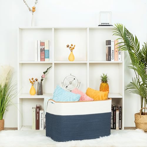 MINTWOOD Design 112L Extra Large Blanket Basket Holder Living Room, 25"x17"x16" Rectangle Rope Woven Storage Basket with Handles for Laundry, Towels, Shoes, Dog Toy Organizer Bin Box, Prussian Blue - color: Prussian Blue