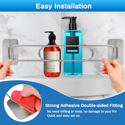 Sanchamy Upgraded RV Shower Corner Storage Bar Adjustable Stainless Steel RV Corner Storage Bar for Shower 7"-13" Rod with Rotatable Angle and Hook for Bathroom in RV/Camper/Travel Trailer-2 Packs