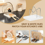 2 in 1 Pot Lid Holder & Spoon Rest for Kitchen Counter, Plastic Utensil Rest with Stainless Steel Pan Lid Holder Organizer While Cooking, Countertop Space Saving Pot Cover Rack | Easy to Clean - color: White- 1 Pack